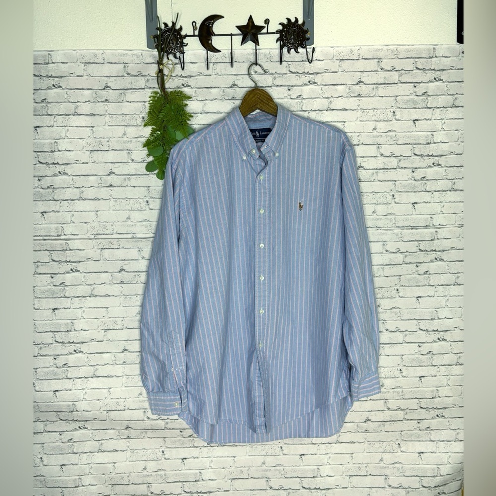 Ralph Lauren Light Blue Pink Vertical Striped Classic Fit Button Down